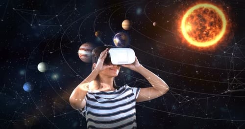 Woman Experiencing Virtual Reality Solar System