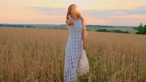 Beautiful Woman in Dress at Sunset in a Wheat Field.