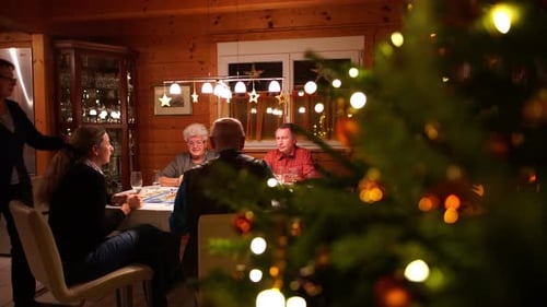Family Enjoys Holiday Dinner Near Christmas Tree