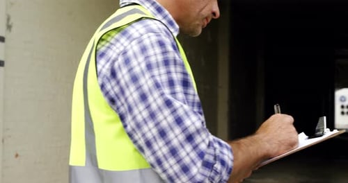 Construction worker writing on a clipboard