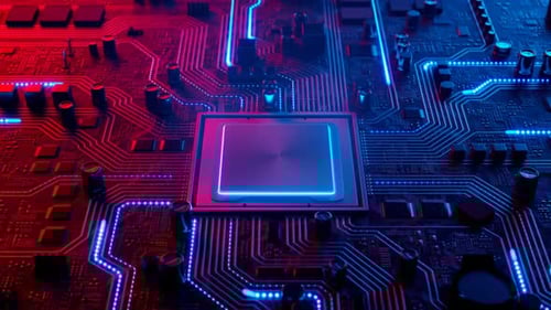 Datenfluss in einem Motherboard im PC. Prozessor zwischen Schaltungen und Elektronik.
CPU