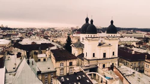 Aerial view of a drone flying over the building