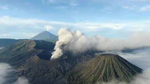 Aerial Shot of Mountain Bromo Active Volcano Crater in East Java Indonesia