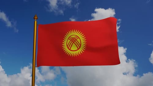 Kyrgyzstan National Flag Waving Seamlessly Against Blue Sky