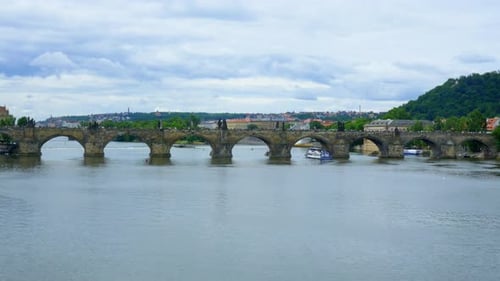 Wide view of Charles Bridge in Prague, Czech Republic over the Vltava River