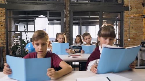 Grundschüler sitzen an den Schreibtischen und studieren, lesen die Bücher