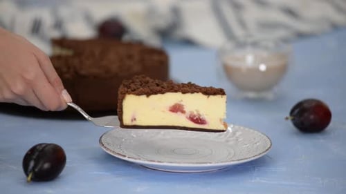 Piece of delicious homemade cheesecake with plums and chocolate crumble.