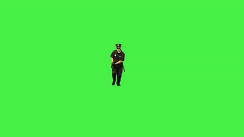 Caucasian Policeman in Uniform Runs Stops to Shoot and Runs Away on a Green Screen Chroma Key