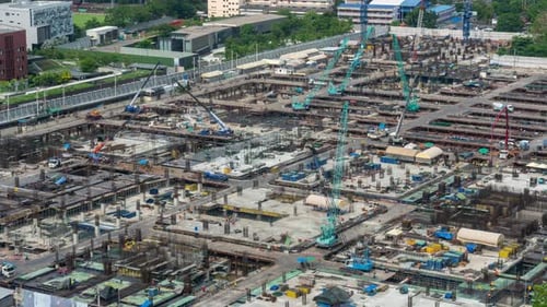 Time Lapse of Construction Site with Heavy Construction Machinery in Metropolis