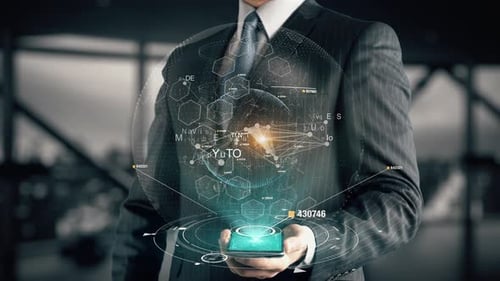 Homme d'affaires avec l'avenir du concept d'hologramme Metaverse