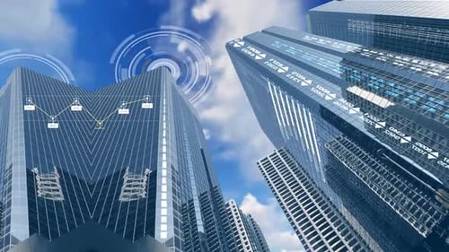 Futuristic Corporate Cityscape with Digital Business Data Overlays