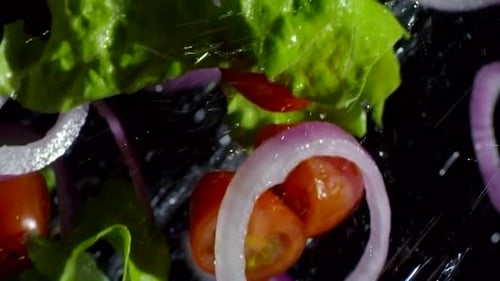 Fresh Salad Ingredients Floating in a Dark Space