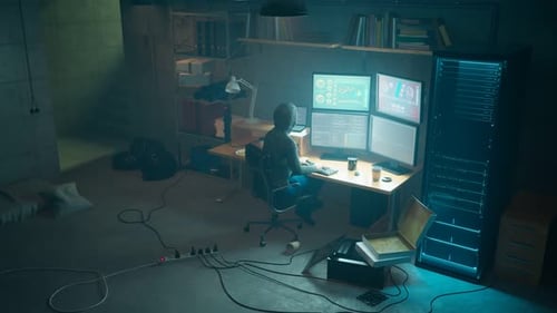 Hacker Working on Computers Monitoring Digital Data in Dark Server Room