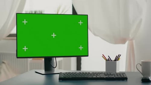 Powerful Computer with Chroma Key Green Screen Mock Up Stands on Desk