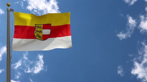 Waving Flag Animation with Coat of Arms Against Blue Sky