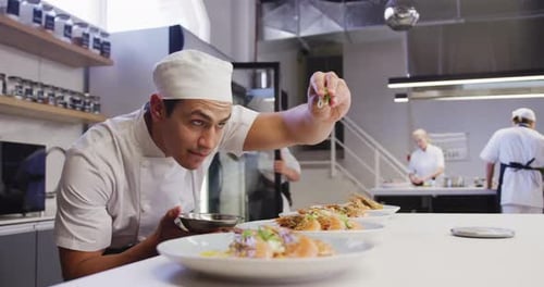 Professional mixed race male chef in a restaurant kitchen, putting food on a plate