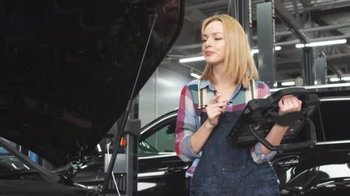 Pleasant Blond Girl Using an Automotive Diagnostic Scanner