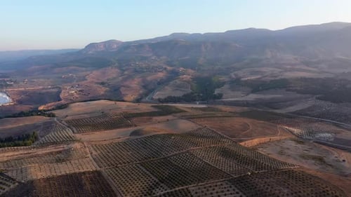 Drone View of Beautiful Agricultural Landscape with Mountains and Farmland