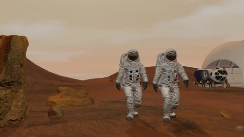 Colony on Mars. Two Astronauts Walking On The Surface Of Mars.