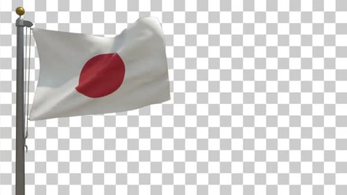 Realistic Waving Japan Flag on Flagpole with Transparent Background