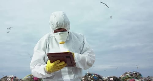 Scientist in Hazmat Suit Analyzing Landfill Data