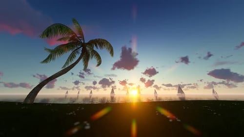 Tropical Ocean Sunset with Palm Tree and Sailboats Animation