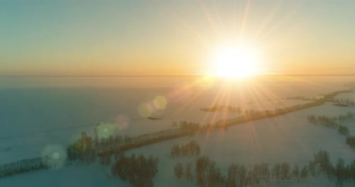 Aerial Drone View of Cold Winter Landscape with Arctic Field, Trees Covered with Frost Snow and