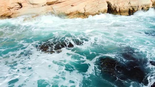 Coastline Aerial Top View Nature Landscape Pure Blue Sea Water with Waves at Rocky Coast