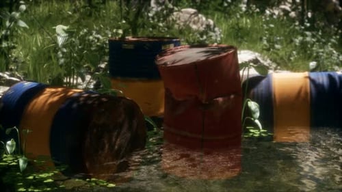 Rusty Barrels in Green Forest