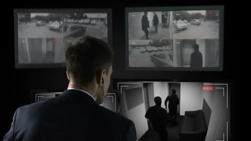 Security Guard Watching CCTV Footage, Calling Police, Thief Break in Building