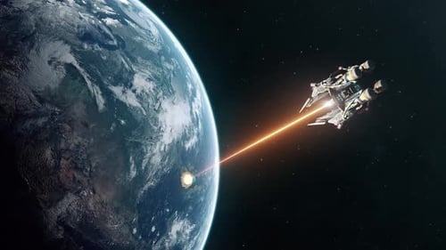 Futuristic Spaceship Fires Laser Beam at Planet