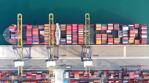 Aerial view from drone of Container , container ship in export and import business and logistics.