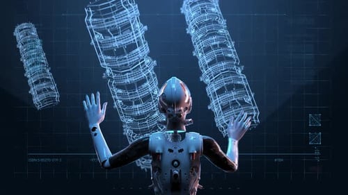 sci-fi woman robot , large holographic interface