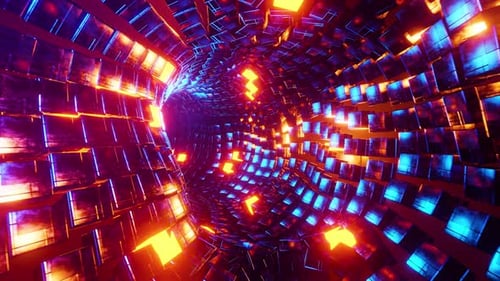 Volando por un túnel de cubos metálicos azules y naranjas