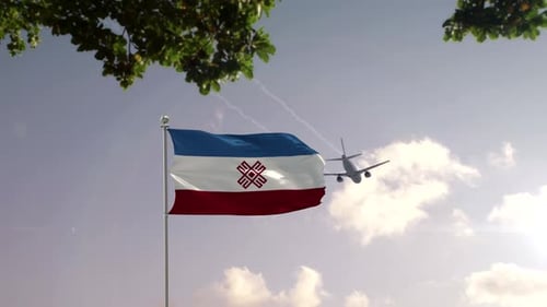 Waving Flag with Airplane Flight Over Modern Cityscape