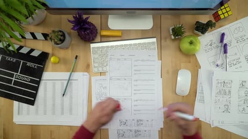 Film Storyboard Review and Edits at Desk