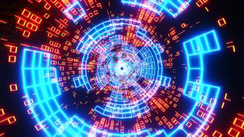 Flying through a neon tunnel with rings. Infinitely looped animation