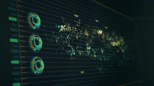 Advanced futuristic graphic interface. Displays abstract diagrams and charts.
