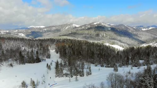 Panorama of the Mountain Range with Trees Covered with Snow in Sunny Weather. Winter View of the