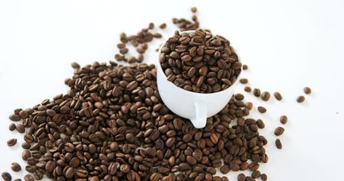 Coffee Beans Overflowing from a White Cup