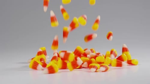 Time for Halloween. Delicious candy corn falls in slow motion.