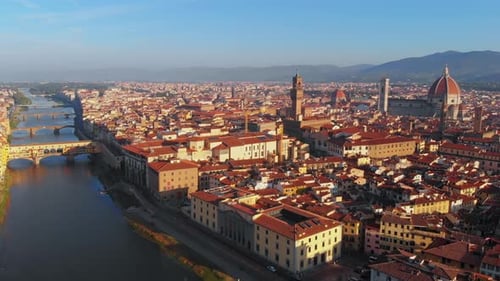 Aerial view of Arno river and the city in the morning, Florence, Italy