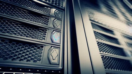 Animation infinie de serveurs de données fonctionnels. Lumières LED bleues brillantes. Bouclable.
HD