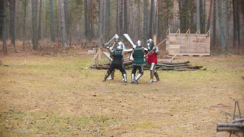 Four Men Knightes Having a Fight on the Field in the Middle of the Forest