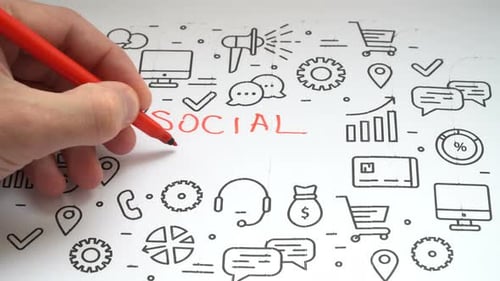 Hand Writes Social Media Among Business Icons