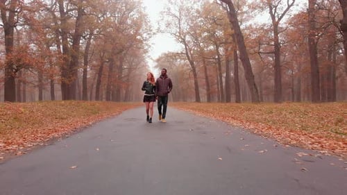 Interracial-Liebeskonzept. Schönes junges interrassisches Paar, das im nebligen Herbst auf der Straße geht