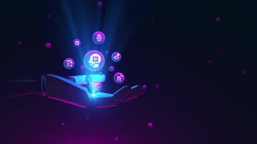 Futuristic Robotic Hand Projecting AI Technology Hologram Icons