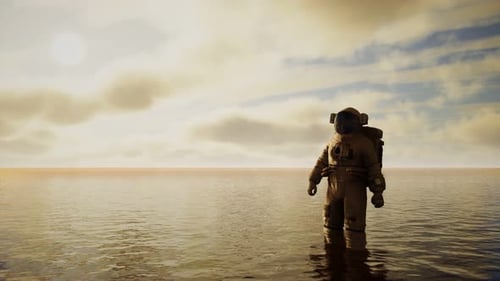Spaceman in the Sea Under Clouds at Sunset