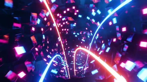 Futuristic Neon Tunnel with Glowing Digital Cubes