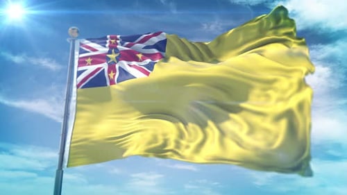 Niue Flag Waving in Realistic Blue Sky with Sun